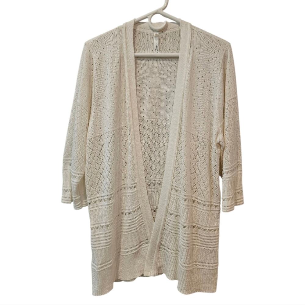 NY Collection Woman's White Elbow Length Lace Open From Cardigan Sweater 2X